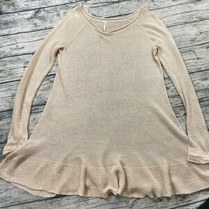 Free‎ People Beach S Cream Linen Sweater Dress Ruffle Hem Knit Cover Up Thin